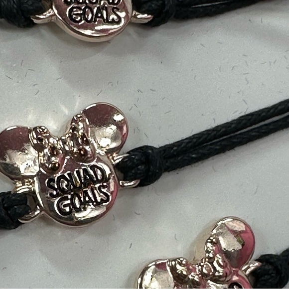 NWT Disney Black cord Bracelets rose gold colored minnie Charm "squad goals" 4pc - Picture 3 of 4
